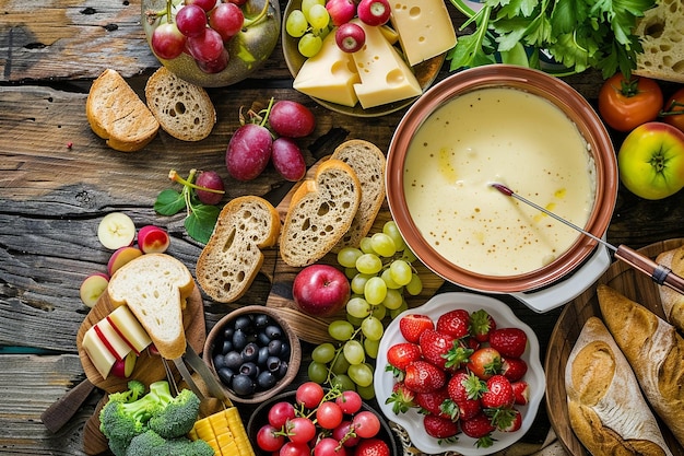 Foto pot de fondue de queijo com pão variado e frutas para mergulho