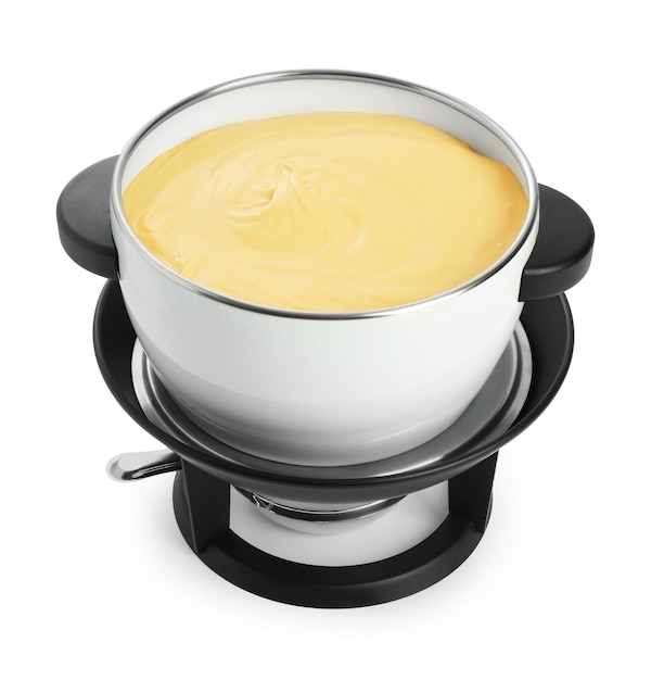 Pot de fondue con sabroso queso derretido aislado en blanco