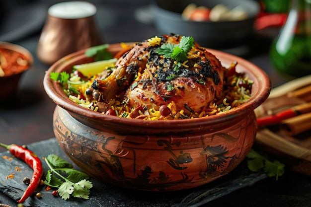 Pota de tierra Dum Handi pollo Biryani es un plato indio popular