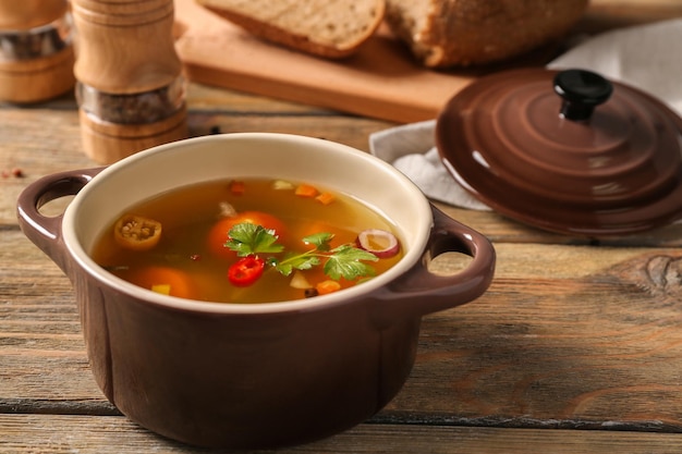 Pote com sopa de legumes frescos em fundo de madeira