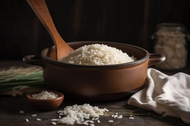 Pote de arroz recém-cozido com colher de pau ao fundo criado com ai generativo