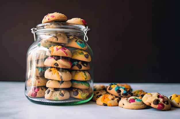 Pote de biscoito sem glúten e vegano transbordando de biscoitos coloridos criados com IA generativa