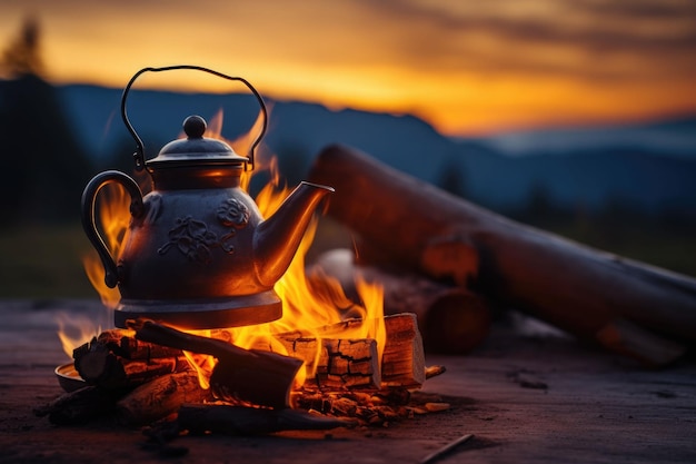 Pote de café vintage na fogueira Fundo atmosférico noturno da fogueira IA generativa