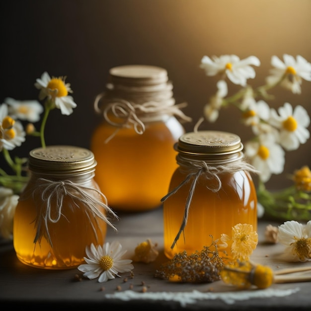 pote de mel na mesa com flores brancas frascos de mel na mesa de madeira pote de abelhas com flores
