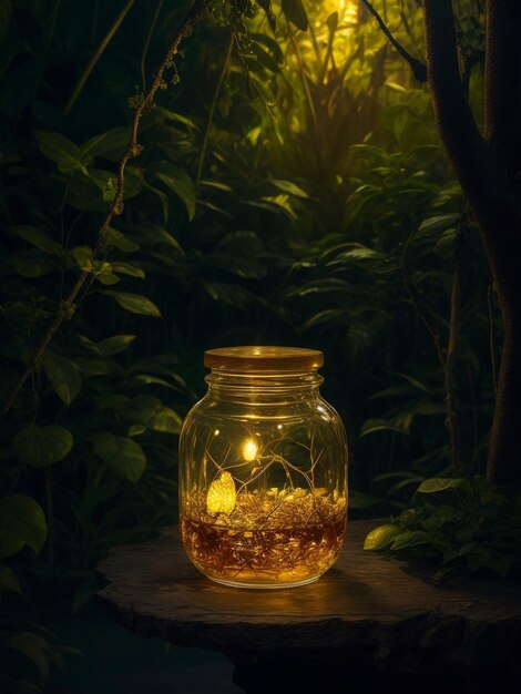 pote de vidro de mel colocado na mesa atrás da selva à noite