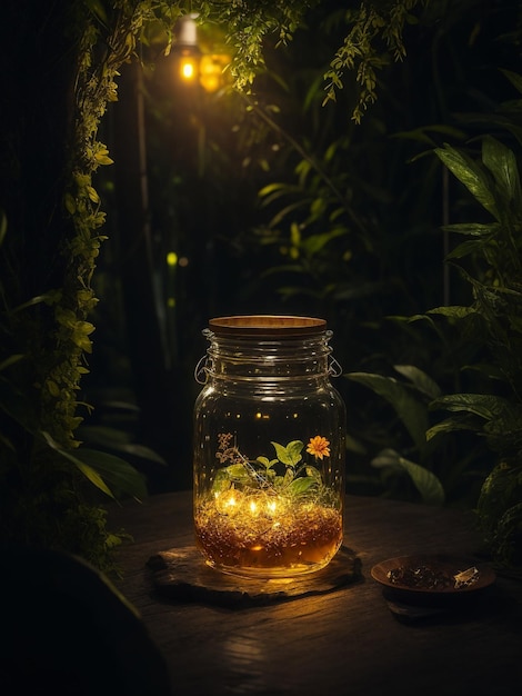 pote de vidro de mel colocado na mesa atrás da selva à noite