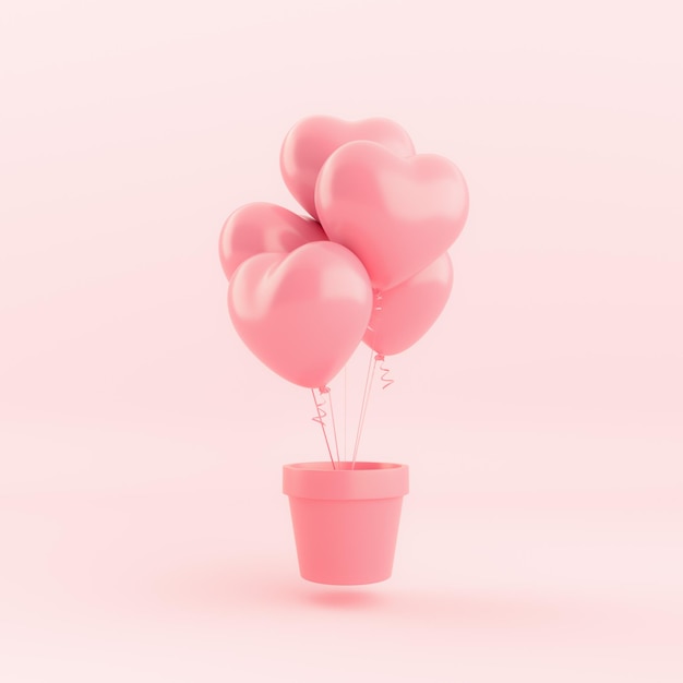 Pote rosa com balão na ilustração de renderização 3d de fundo pastel rosa