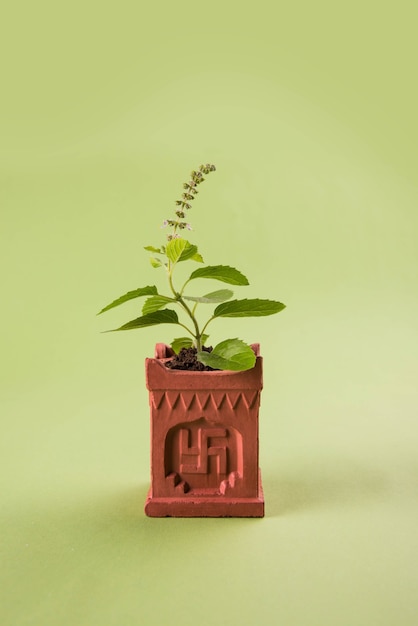 Foto pote tradicional indiano ou estrutura de alvenaria especial conhecida como tulsi vrindavan ou vrundavan com escrita suástica e aum, objeto sagrado hindu, isolado, foco seletivo