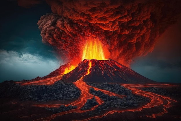 La potencia bruta y la energía de un volcán en plena erupción, su lava fundida y cenizas cayendo en cascada por la ladera de la montaña Generado por IA