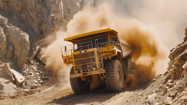 Un potente camión de minería baja a toda velocidad por el camino de grava en medio de una nube de polvo