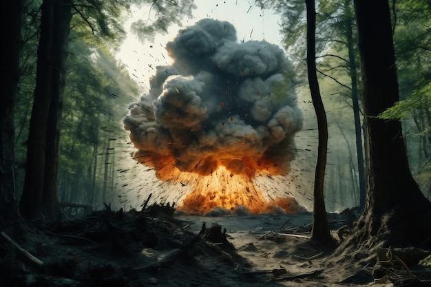 Potente explosión de bomba en el bosque o taiga Árboles caídos fuego y llamas Apocalipsis Guerra amenaza militar Tercera Guerra Mundial