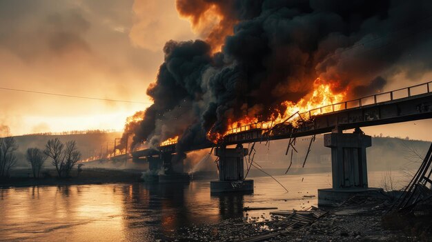 Potente explosión en un puente de cemento durante el día. Puente en llamas.