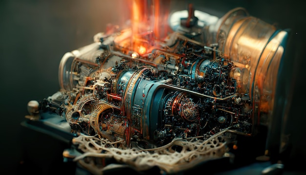 El potente motor de un automóvil Diseño interno del motor Parte del motor del automóvil Motor de automóvil moderno y potente Render 3d Ilustración de trama