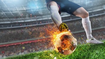 Foto potente patada de un futbolista con bola de fuego