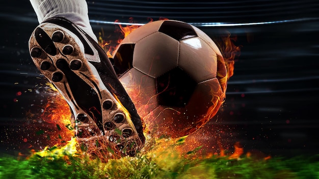 Potente patada de un jugador de fútbol con una pelota de fuego