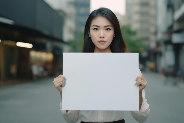 Potente potencial publicitario Impresionante mujer asiática posa con un cartel publicitario blanco en blanco