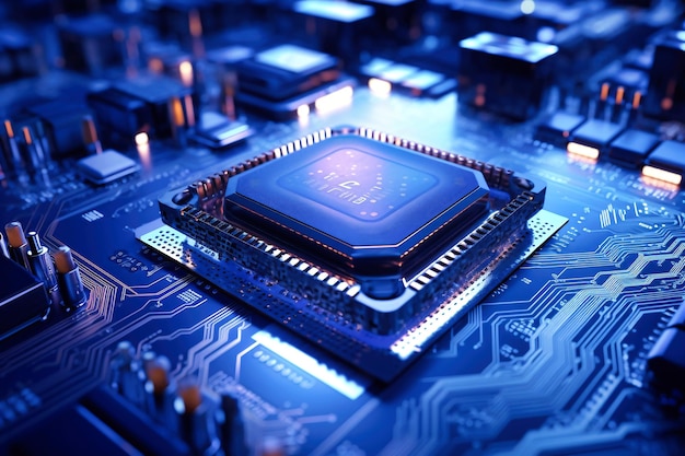 Un potente procesador de computadora o chip en una placa base Tecnologías modernas Fondo azul