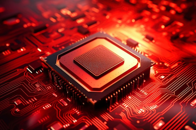 Un potente procesador de computadora o chip en una placa base Tecnologías modernas Fondo rojo