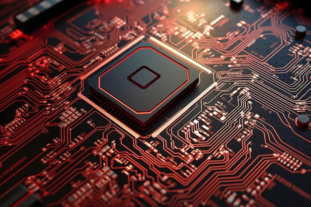 Un potente procesador de computadora o chip en una placa base Tecnologías modernas Fondo rojo