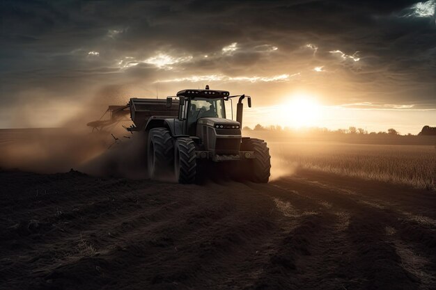 Potente tractor arando el campo al atardecer generativo IA