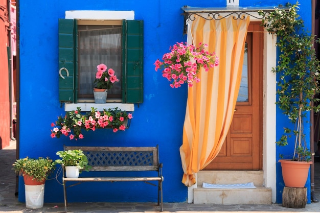 Potes de flores na janela da casa azul
