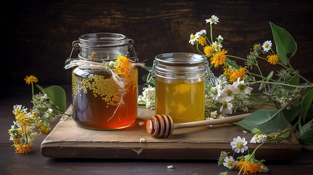 potes de mel na mesa de madeira com flores generativas ai