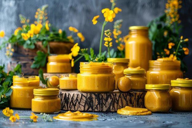 Potes de miel y gotas artesanales con flores amarillas frescas sobre un fondo de madera rústica