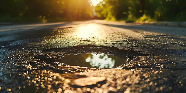 Pothole auf einer leeren Straße am frühen Morgen Straßenwartungsprobleme Konzept Straßen Verfall Problem