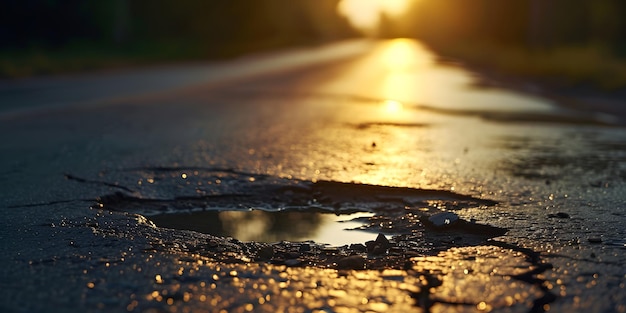 Pothole auf einer leeren Straße am frühen Morgen Straßenwartungsprobleme Konzept Straßen Verfall Problem