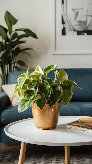 Foto pothos dorado o epipremnum aureum en la mesa blanca en la sala de estar de la casa y el jardín