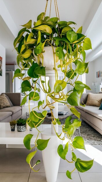 Foto pothos dorado o epipremnum aureum en la mesa blanca en la sala de estar de la casa y el jardín