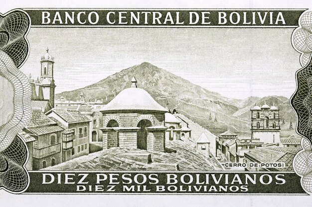 Potosi-Hügel aus altem bolivianischen Geld Bolivianos