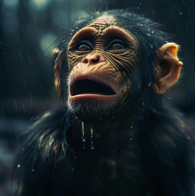 Potrait de chimpanzé triste na chuva caindo