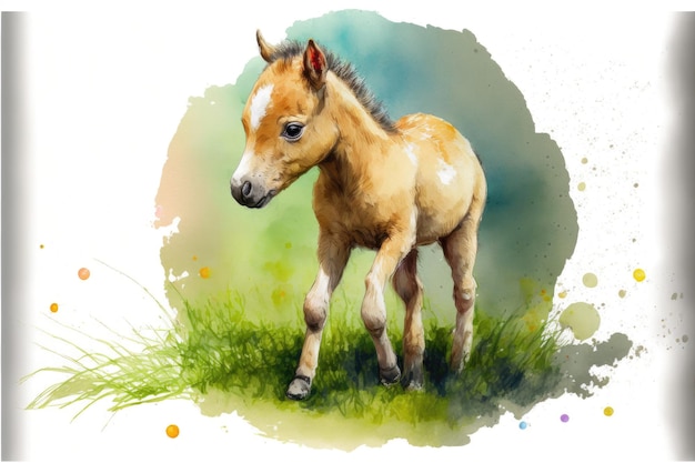 Potro bonito está brincando na grama Pintura em aquarela de animais fofos de fazenda de cavalos
