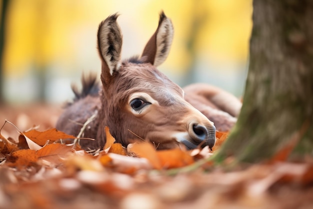 Un potro de burro peludo tendido sobre hojas frescas de otoño bajo un árbol