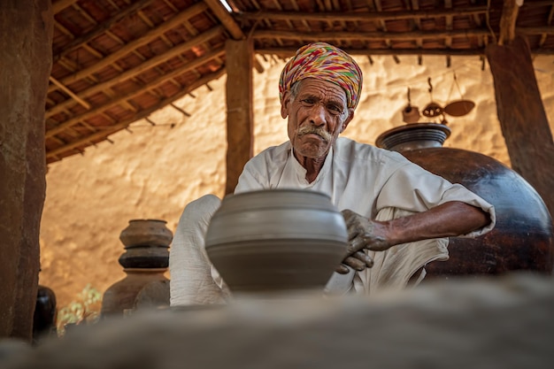 Potter no trabalho faz pratos de cerâmica. índia, rajasthan.