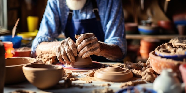 Foto potter trabalhando na roda de oleiro na oficina de cerâmica