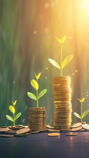 Poupança e investimento Crescimento de pilhas de moedas com conceito de aposentadoria de plantas Papel de parede móvel vertical