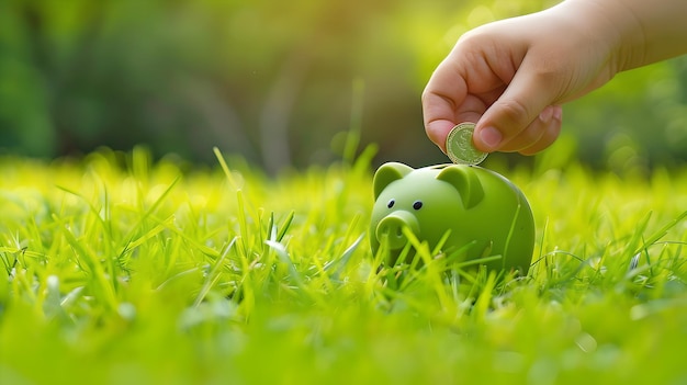 Poupança manual de uma moeda em um cofre verde em grama ensolarada Conceito de poupança ecológica Imagem financeira simples e clara Perfeita para finanças e temas de natureza IA