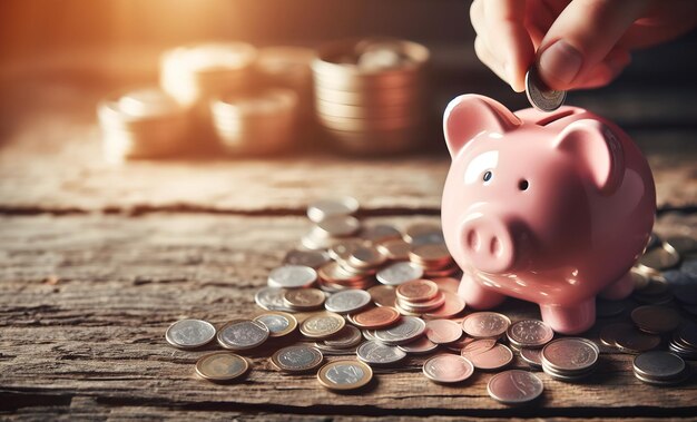 Foto poupando dinheiro adicionando moedas em bancos em forma de porco