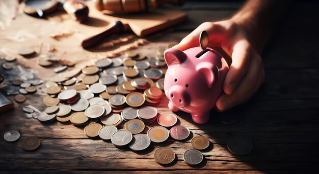 Foto poupando dinheiro adicionando moedas em bancos em forma de porco