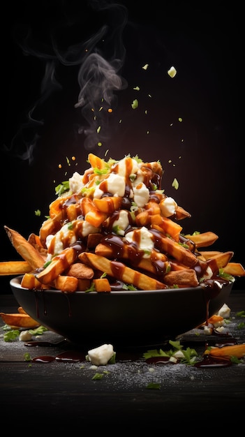 Poutine é um prato de batatas fritas e queijo coagulado