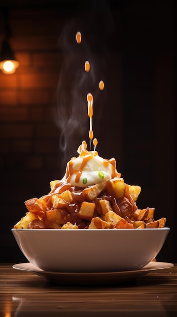 Foto la poutine es un plato de papas fritas y cuajada de queso