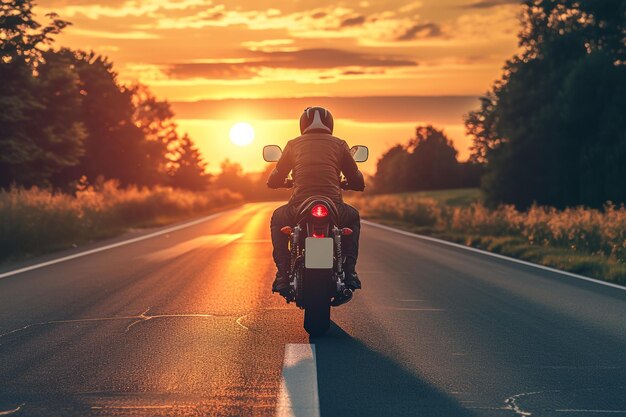 Foto pov de motociclista segurando a barra de direção montando nos alpes em belo pôr do sol céu dramático viagem e