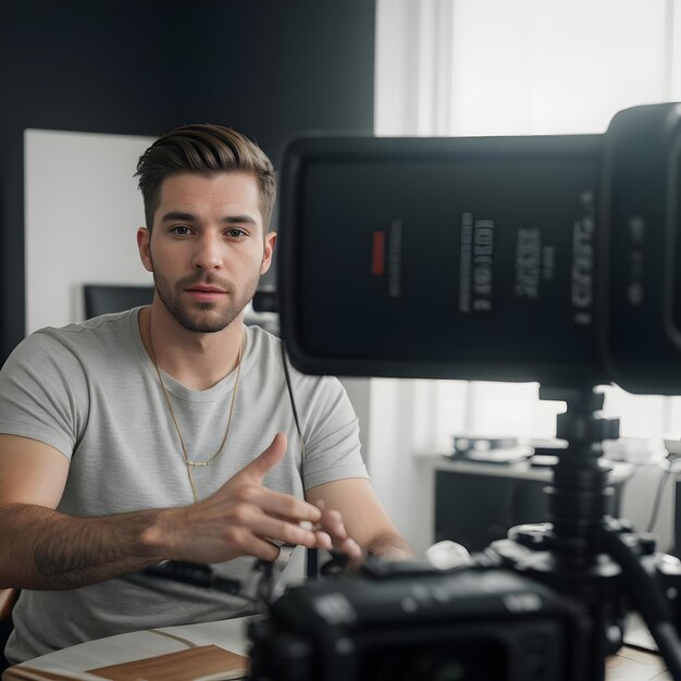Foto pov de um influenciador masculino gravando um episódio de podcast na câmera usando equipamento de som no estúdio portrai