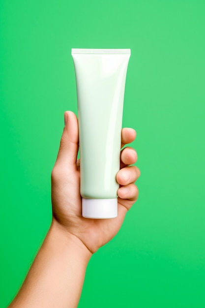 Pov foto em primeira pessoa de mãos femininas segurando um tubo branco de creme