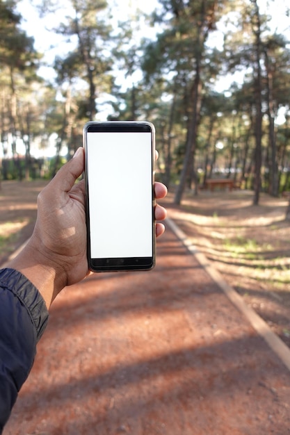 Pov de un joven usando un teléfono inteligente al aire libre