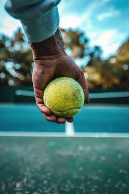 POV segurando bola de tênis no ângulo dinâmico da quadra