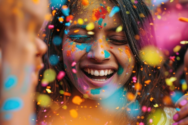 Foto povos indianos celebrando holi com cores em thali e respingos de cores