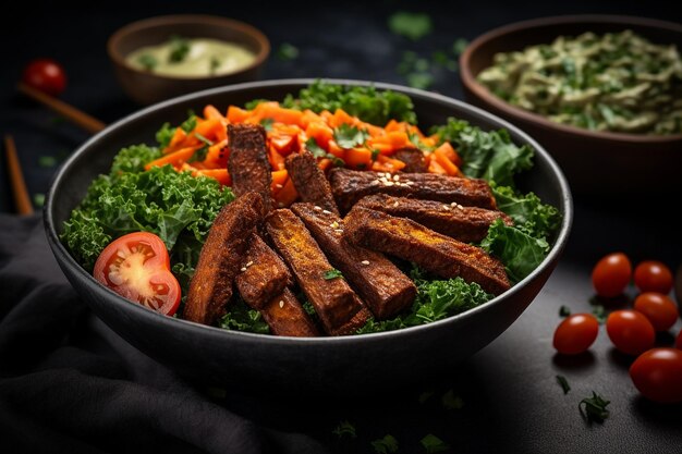 Power Bowl Vegano embalado com nutrientes com batata doce e tempeh